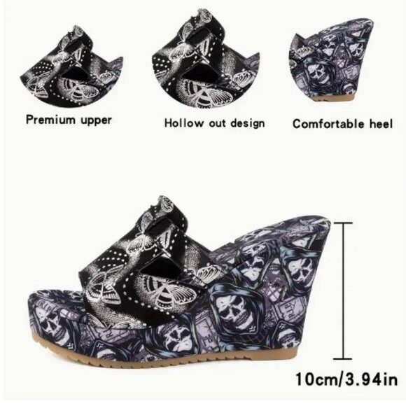 NWT PRINTED SKULL AND BUTTERFLY WEDGES SIZE 9 - Picture 10 of 10